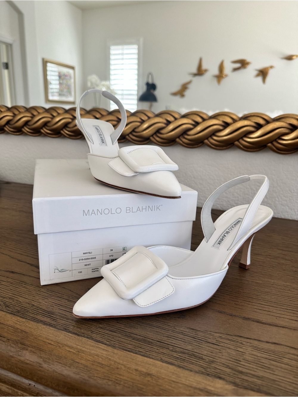 Manolo Blahnik White Maysli Slingback Pointed-Toe Heels